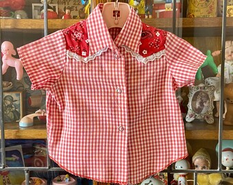 vintage baby girl western shirt, red gingham, red paisley floral fabric with lace trim, Zaki, 18 months