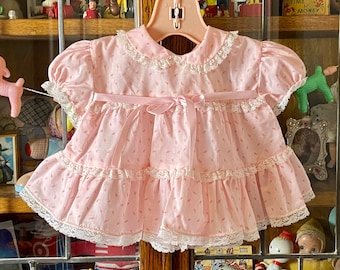 vintage pink floral baby dress, C I Castro, 3 months, ruffles lace and ribbon bow