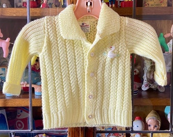 vintage 70’s knit baby sweater and pants set, Cradle Knit, yellow, embroidered swan, footed pants, 6 months