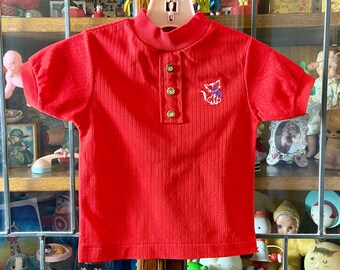 vintage red ribbed nylon toddler shirt, kitty embroidery, short sleeved lightweight shirt, 2T, gender neutral