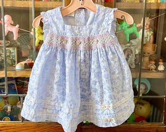 vintage lavender eyelet baby dress, 12-18 months, toddler dress, pink and white smocking, ribbon bows, pink flower appliqués
