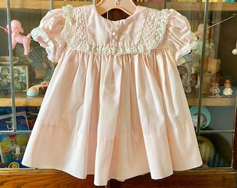 vintage pink baby dress, white eyelet lace, C.I. Castro, bib collar, 12-18 months, toddler dress