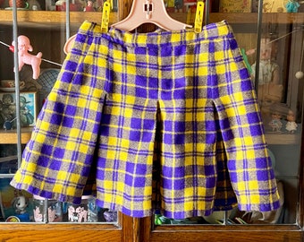 vintage pleated girls wool-like skirt, schoolgirl skirt, Lakers fan, yellow & purple plaid skirt, 8 year old