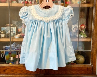 vintage baby blue baby dress with lace, 12 months, C I Castro & Co, *stains-see pics*