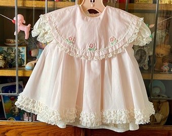 vintage pink floral baby dress and pinafore, Mini World, 6 months, large bib collar, ruffled lace, flower appliqué