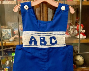 vintage kids royal blue smocked Jon Jon, 4T, ABC shortalls, back to school