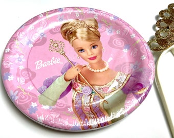 vintage 90’s Barbie party plates & 2 tiaras, set of 8 paper plates, NOS, 1999 Mattel Dream Time Barbie