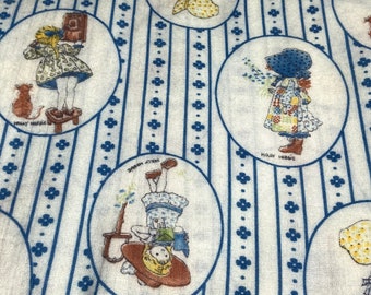 vintage 1980’s Holly Hobbie fabric, flannel, brown kitty, blue floral striped background