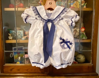 vintage baby girl nautical romper, 3-6 months, bubble romper, sailor romper