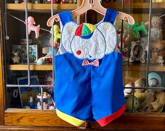 vintage baby romper, royal blue, elephant on bib, bow tie, 18 months