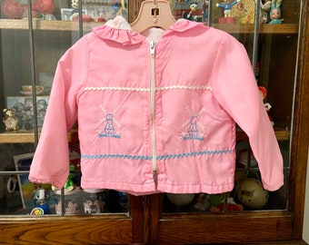 vintage baby girl pink jacket with windmills, 18 months, windbreaker