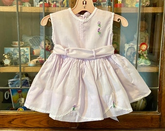 vintage pale purple baby dress with attached petticoat, lace trim and flower appliqués, 18 months