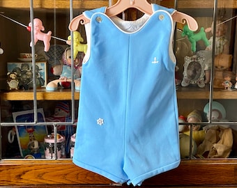 vintage nautical baby romper, sky blue, anchor and helm appliqués, 12 months, vintage Jon Jon