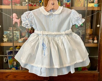 vintage baby girl dress with apron and petticoat, 18 months, Bow Age, blue striped dress, embroidered deer on apron, lace trim