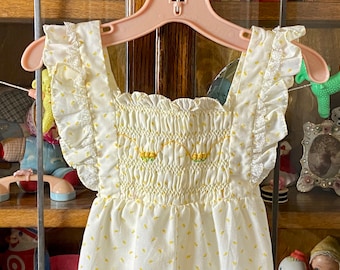 vintage baby girl jumpsuit, yellow floral print, smocking, 3-6 months, flutter sleeves, ruffled lace, embroidered flowers