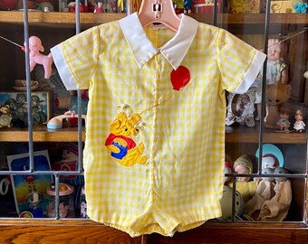 vintage Winnie the Pooh baby romper, yellow gingham, Winnie the Pooh with honey pot appliqué, red balloon, honey bees, 18 months