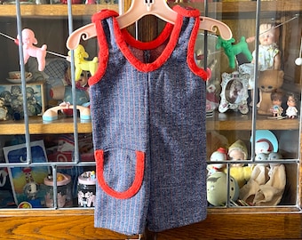 vintage baby romper, denim-looking fabric with red stripes and chunky red piping trim, large front pocket, summer romper, 12 months