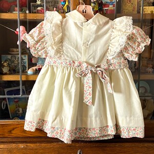 vintage girls dress, floral dress with ivory apron like design, lace and pintuck details, 3T image 6