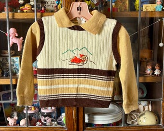 vintage baby/toddler boys sweater & pants set, chocolate brown, teddy bear on sled embroidery, 18 months, 24 months