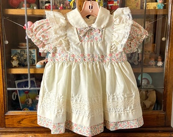 vintage girls dress, floral dress with ivory apron like design, lace and pintuck details, 3T