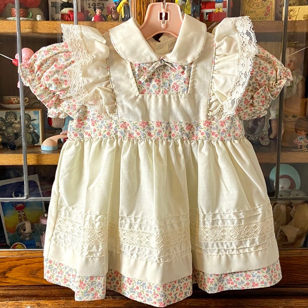 vintage girls dress, floral dress with ivory apron like design, lace and pintuck details, 3T