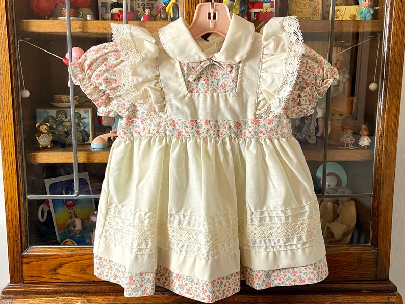 vintage girls dress, floral dress with ivory apron like design, lace and pintuck details, 3T image 1