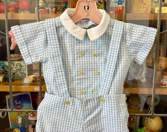 vintage boys shirt and overall shorts set, blue & white gingham, Easter outfit, special occasion outfit, 24 months