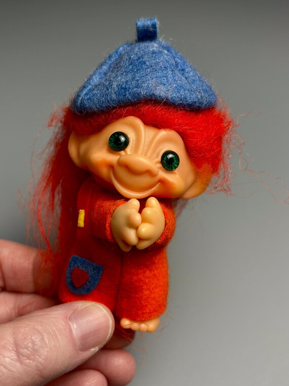 Vintage Troll Doll Hugger, Red Hair, Green Eyes, Felt Clothes and