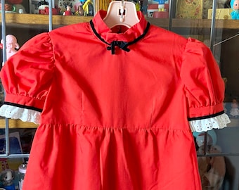vintage girls red dress, black velvet trim, white eyelet lace at sleeves, 4T