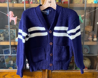 vintage children’s cardigan, navy blue with white stripe, size 5, boys or girls cardigan