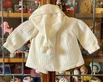 vintage 60’s baby girls sweater jacket, hooded jacket, ivory, Knits by Millie, pom pom embellishments, 3 months