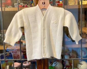 vintage baby sweater cardigan, duck appliqué, Orlon sweater, 12 months, Easter sweater