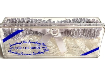 vintage wedding garter belt, periwinkle, in original plastic case