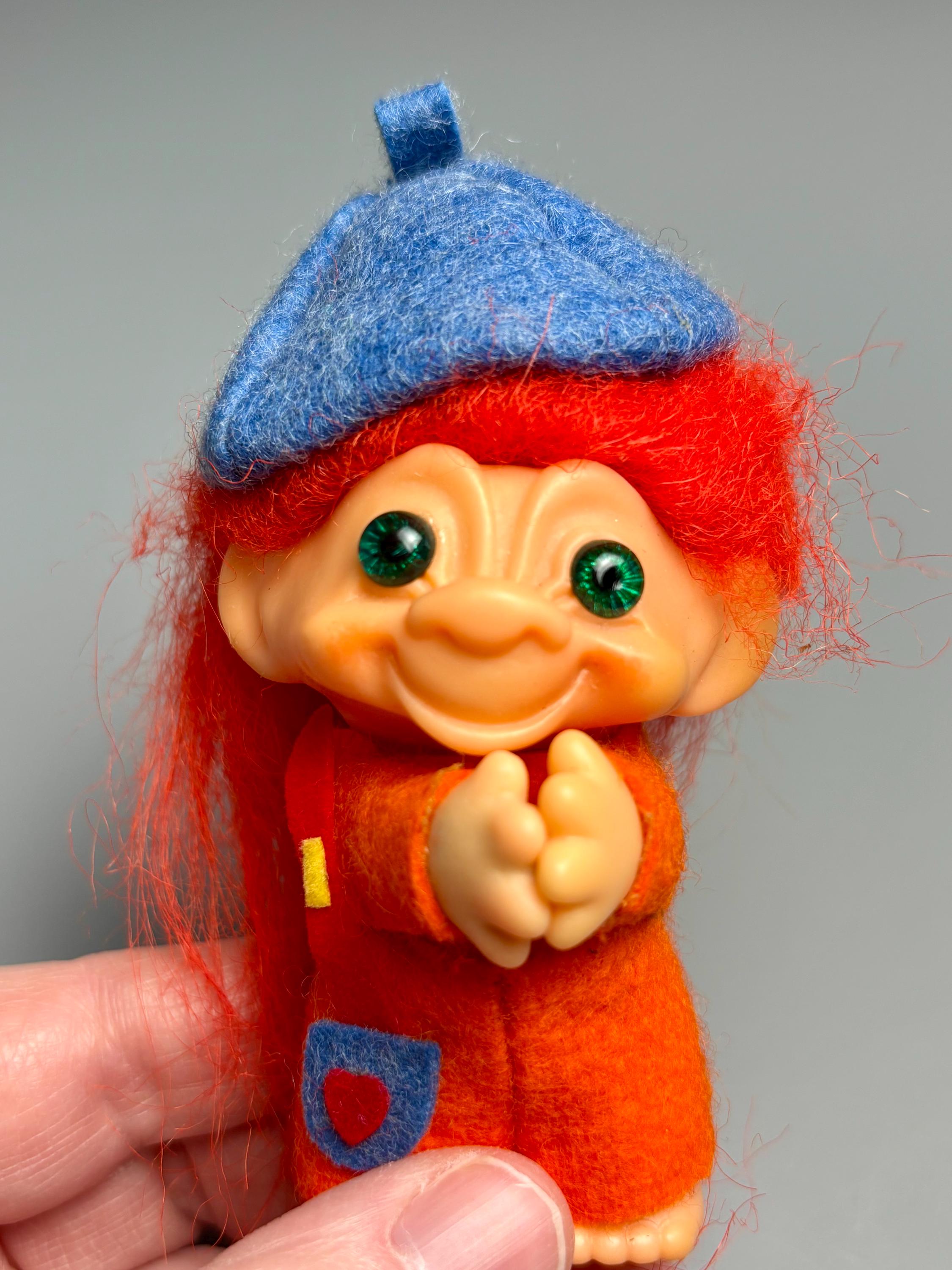 Vintage Troll Doll Hugger, Red Hair, Green Eyes, Felt Clothes and