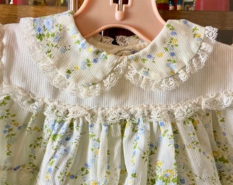 vintage baby dress & diaper cover, blue and yellow floral print, lots of lace ruffles, Bryan, 6 months