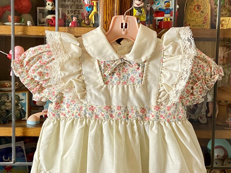 vintage girls dress, floral dress with ivory apron like design, lace and pintuck details, 3T image 2