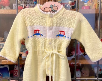 vintage yellow baby romper, 9 months, 12 months, Confetti Knits, made in Korea, embroidered cars