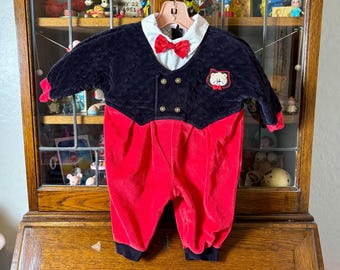 vintage baby boy romper, quilted black vest, bow tie, teddy bear appliqué, 6-9 months