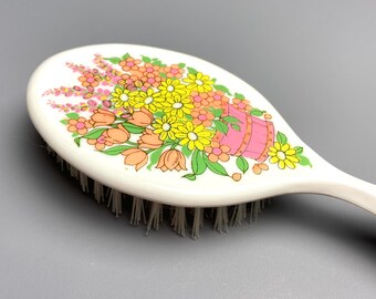 Antique Vintage Hair Brush Brass Cabbage Pink Roses Flowers  display picture 1