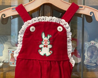 vintage red corduroy baby girls overalls, 6-9 months, white eyelet lace, bunny appliqué, Sears, Easter