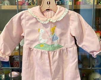 vintage baby girl long sleeved coveralls / jumpsuit, girl with duck appliqué, 24 months