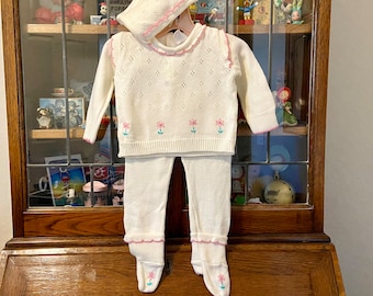 vintage baby girl sweater set, includes pants and bonnet, flower embroidery, 6 months, 9 months, ivory color with pink flowers and trim