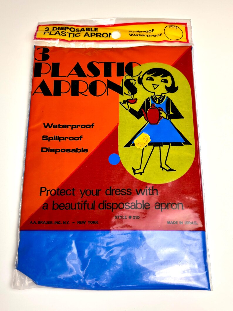 vintage set of 3 plastic aprons, disposable aprons, waterproof, bright blue image 2