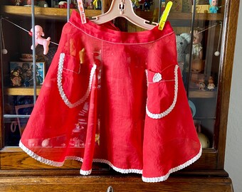 vintage sheer red half apron, Christmas apron
