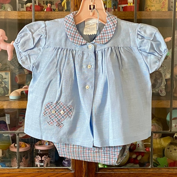 vintage baby girl blouse and diaper cover, 18-24 months, plaid dog appliqué