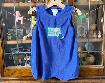 vintage Carter’s bubble romper, 2T, terry cloth, bright blue, turtle and fish appliqués, summer romper, gender neutral