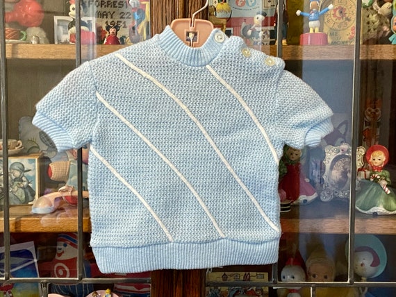 vintage baby sweater, baby blue, white piping, ne… - image 1