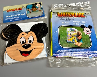 vintage The Waterline Mickey Mouse pool floaties and raft, Walt Disney Prod, Ideal Toys, Walt Disney Character Swim Aids, See Thru Raft