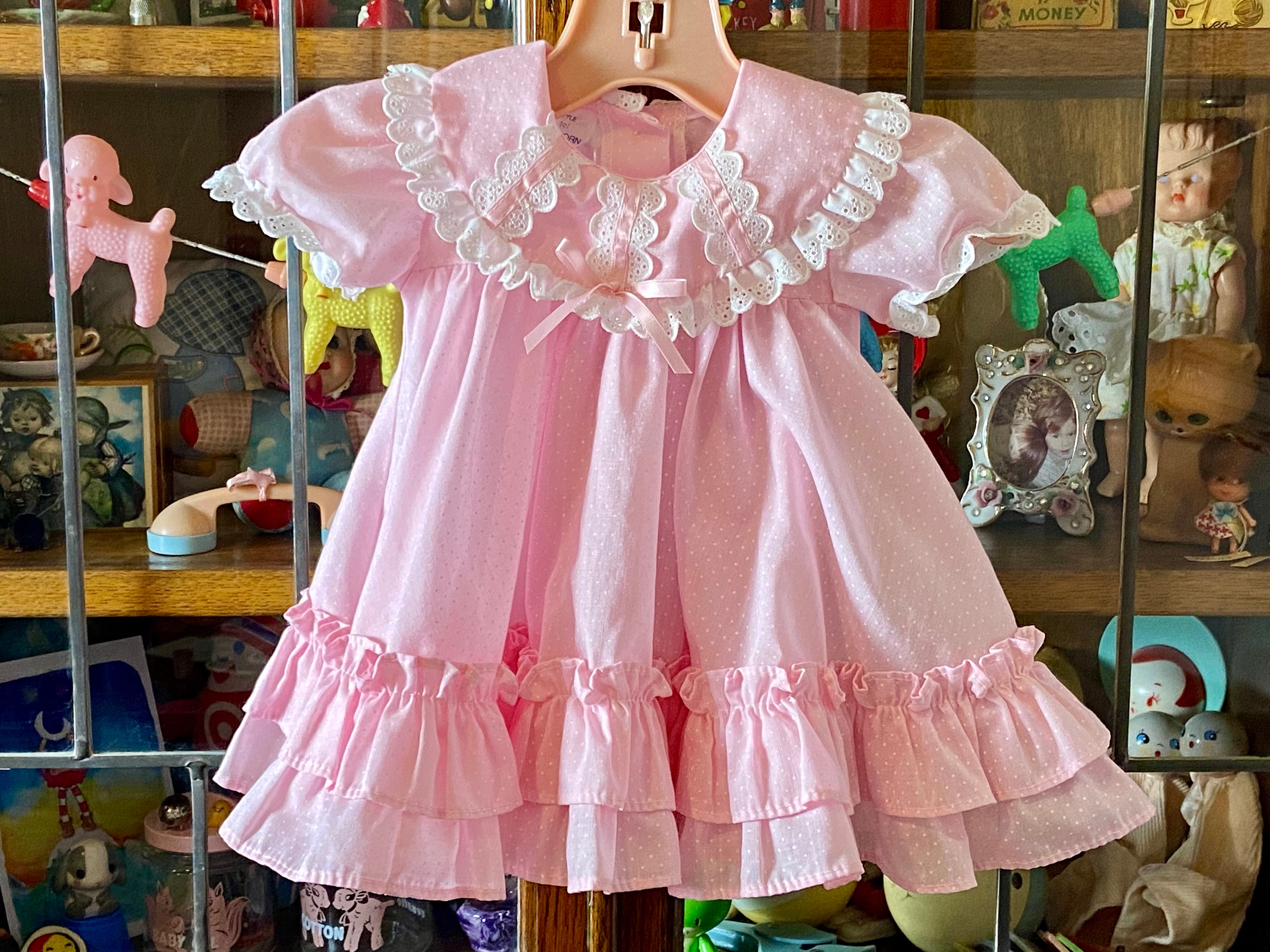 Vintage Pink Swiss Dot Baby Dress Mini World Eyelet Lace Ruffled Hem Newborn 3 Months Etsy