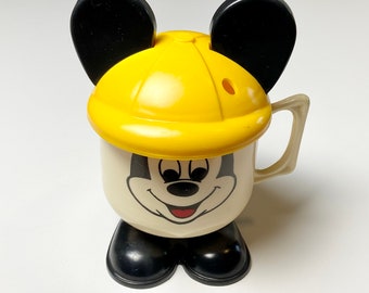 vintage Mickey Mouse plastic cup with hat lid, 1980’s, yellow cap, plastic mug with handle, kids cup
